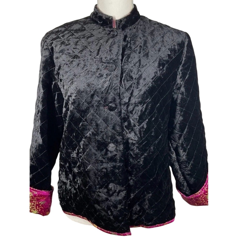 David Brooks Reversible Quilted Jacket Pink Floral Brocade Black Velvet Medium - Picture 2 of 9
